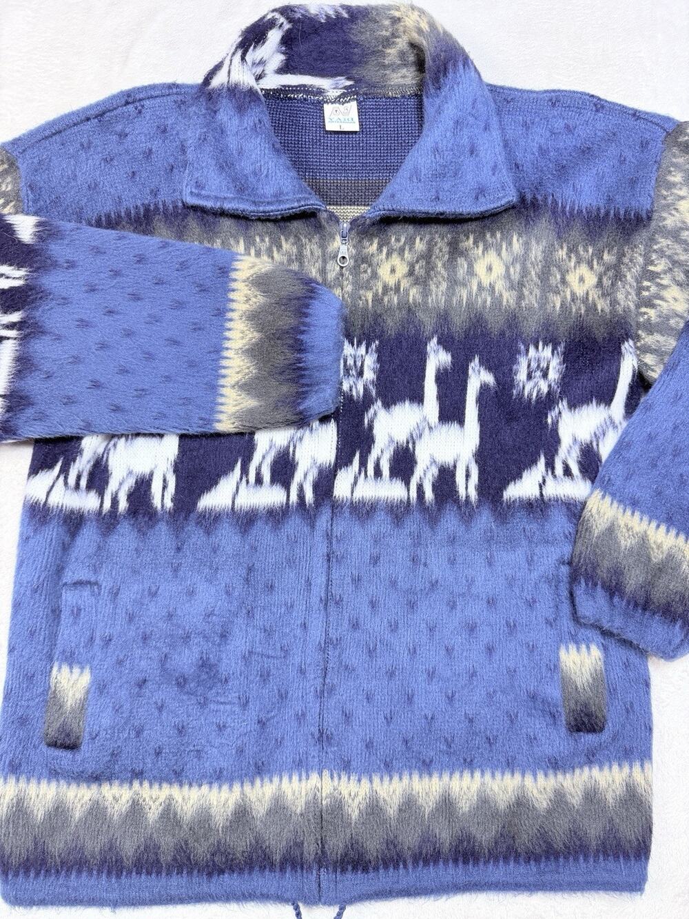 Vtg Yari Artesanias Wool Llama Full Zip Sweater Jacket Blue Cabincore Sz Lg